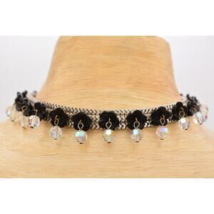 Western Germany Choker Necklace Collar AB Black Crystal Beaded Signed 60s Bin3C